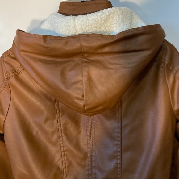 New Look SZL Brown Faux Leather Bomber Jacket Wardrobe Staple Moto Aviator Retro - Picture 8 of 11
